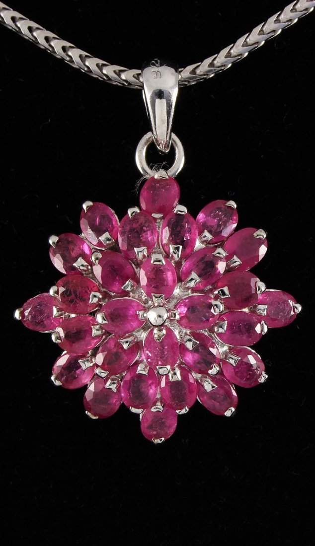 Flower Cluster 3.83g Sterling Silver Ruby Pendant 7.00c: Flower Cluster 3.83g Sterling Silver Ruby Pendant 7.00ctw **|**|** Natural Ruby Corrundum Gemstone 28pcs Oval 4x3mm in Silver Pendant; Size: 1.29x0.96 inches ; MSRP: $700