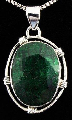 NATURAL EMERALD BERYL 57.12CTW SILVER PENDANT: NATURAL EMERALD BERYL 57.12CTW SILVER PENDANT **|**|** STERLING SILVER OVAL PENDANT WITH 25X19MM APPROX EMERALD BERYL GEMSTONE ; MSRP: $200