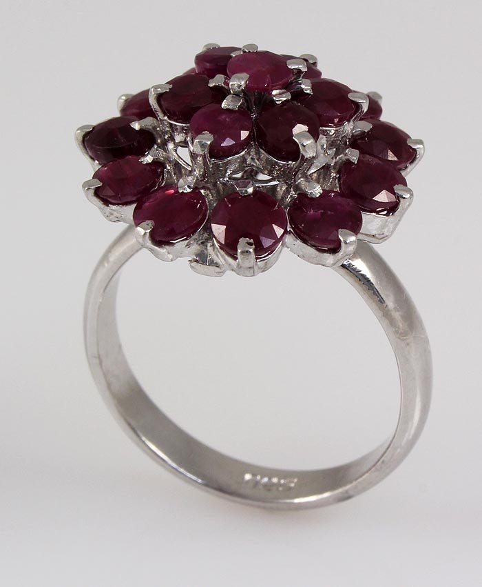 Flower Cluster 4.22g Sterling Silver Ruby Ring 5.12ctw: Flower Cluster 4.22g Sterling Silver Ruby Ring 5.12ctw **|**|** Natural Ruby Corrundum Gemstone 11pcs Round 3.75mm & 7pcs Round 3.5mm in Silver Earring; Size: 7.5 ; MSRP: $600