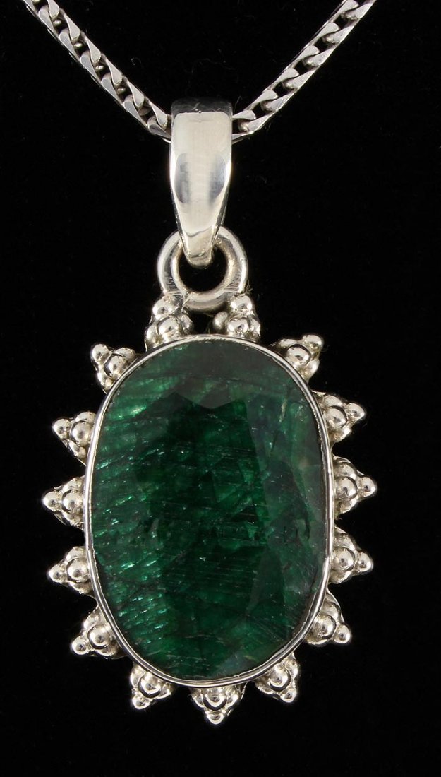 EMEARLD BERYL 24.94CTW STERLING SILVER PENDANT: EMEARLD BERYL 24.94CTW STERLING SILVER PENDANT **|**|** 17X14MM OVAL SHAPE EMERALD BERYL FLOWER DESIGN SILVER PENDANT ; MSRP: $300