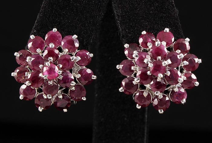 Flower Cluster 4.39g Sterling Silver Ruby Earring 10.24: Flower Cluster 4.39g Sterling Silver Ruby Earring 10.24ctw **|**|** Natural Ruby Corrundum Gemstone 11pcs Round 3.75mm & 7pcs Round 3.5mm in Silver Earring; Size: 0.72 inches ; MSRP: $900