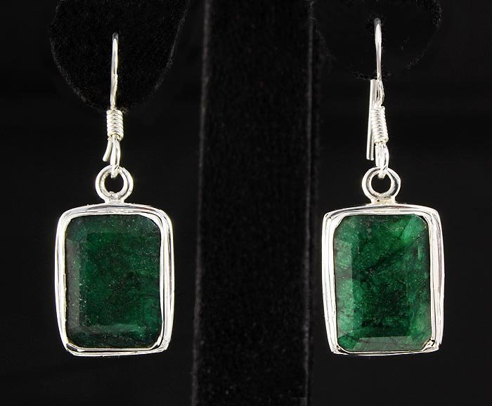 EMERALD BERYL 36.84CTW SILVER HOOK EARRING: STERLING SILVER EMERALD SHAPE EARRING WITH 14X10MM APPROX EMERALD BERYL GEMSTONE