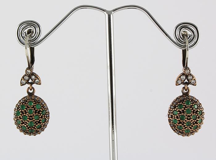 Natural Stone Antique Design Dangle Earring: 10.56g Natural Stone Emerald Beryl Antique Looks Dangle Earring w/ cz diamonds; stamp 925