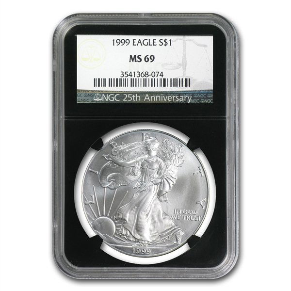 1999 Silver American Eagle (NGC MS-69) (Retro Black Ins: 1999 Silver American Eagle (NGC MS-69) (Retro Black Insert) **|**|** GJ**76321Year**1999Grade**MS-69Deno**1Diam**40.6Thick**2.98 ; MSRP: $200