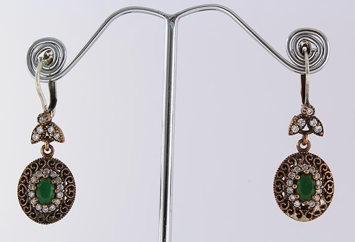 Natural Stone Antique Design Dangle Earring: Natural Stone Antique Design Dangle Earring **|**|** 7.36g Natural Stone 6x4MM Emerald Beryl Antique Look Earring w/ cz diamonds; stamp 925 ; MSRP: $100