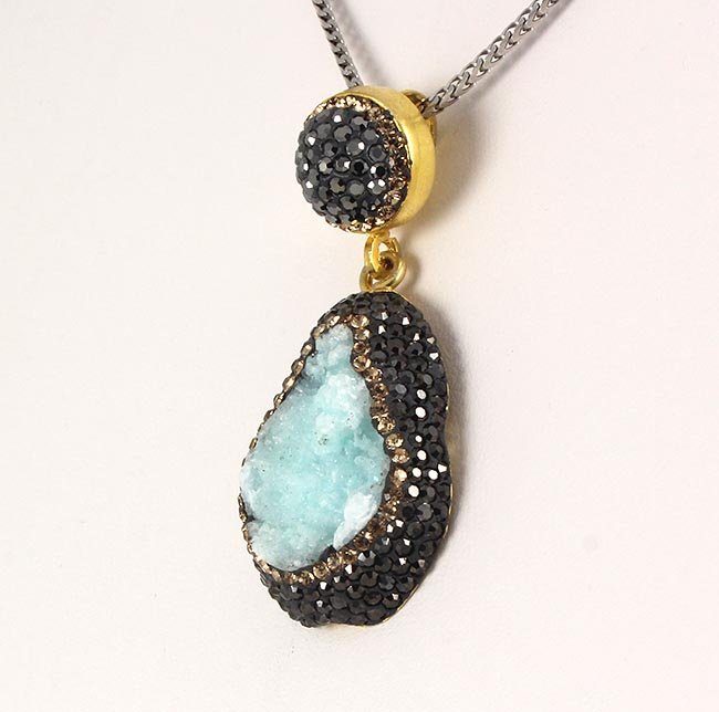Raw Druzy Natural Stone Druse Victorian Look Pendant: Raw Druzy Natural Stone Druse Victorian Look Pendant **|**|** 11.11g Mint Blue Druzy Drop Natural Stone Pendant in Victorian Design w/ CZ diamonds; 925 stamp gold plated ; MSRP: $100