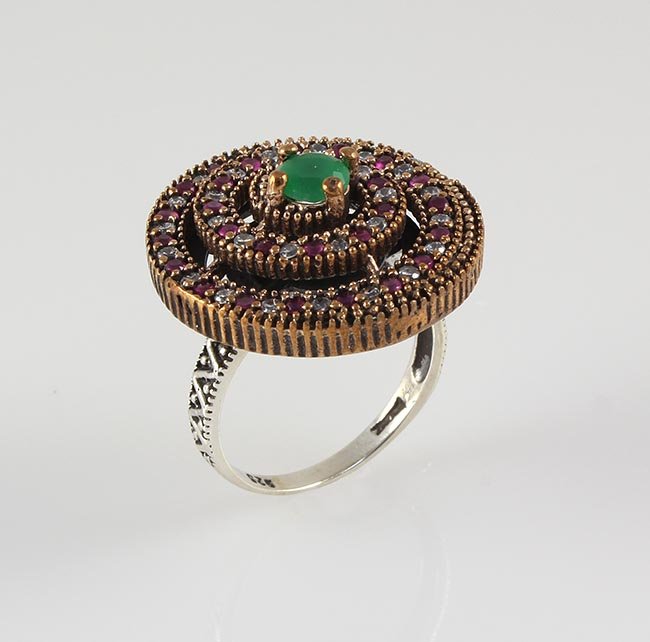 Natural Stone Cocktail Victorian Design Ring: Natural Stone Cocktail Victorian Design Ring **|**|** 9.16g Natural Stone Spiral Cocktail Ring Victorian Design w/ 5MM Emerald Beryl center; stamp 925 ; MSRP: $100