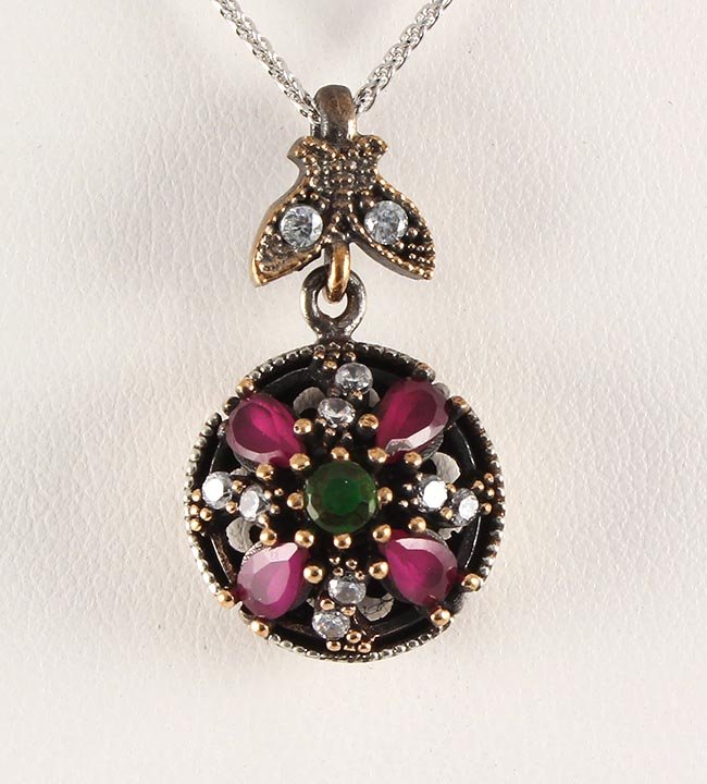 Natural Stone Vintage Victorian Design Pendant: Natural Stone Vintage Victorian Design Pendant **|**|** 4.25g Natural Stone Ruby and Emerald Beryl Victorian Design Pendant; stamp 925 ; MSRP: $0