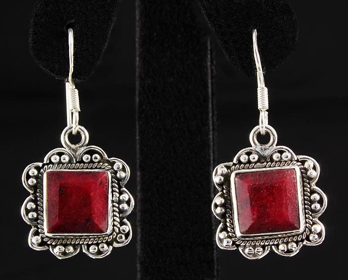 RUBY CORRUNDUM 36.62CTW SILVER HOOK EARRING: RUBY CORRUNDUM 36.62CTW SILVER HOOK EARRING **|**|** STERLING SILVER SQUARE EARRING WITH 10MM APPROX RUBY CORRUNDUM GEMSTONE ; MSRP: $200