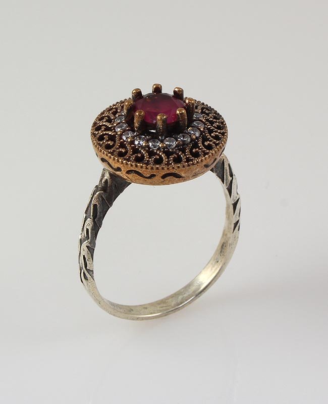 Natural Stone Statement Victorian Design Ring: Natural Stone Statement Victorian Design Ring **|**|** 4.95g Natural Stone 6MM Ruby Round Victorian Design Ring w/ cz dia; stamp 925 ; MSRP: $0