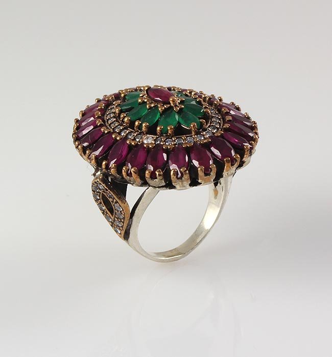 Natural Stone Cocktail Victorian Design Ring: Natural Stone Cocktail Victorian Design Ring **|**|** 16.15g Natural Stone Cocktail Ring Victorian Design Ruby and Emerald Beryl; stamp 925 ; MSRP: $100