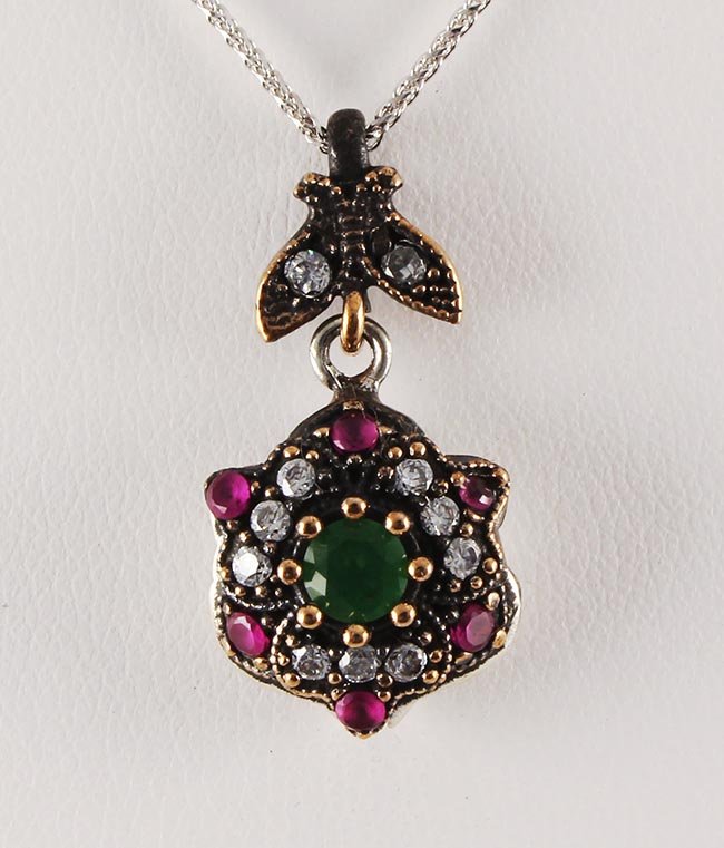Natural Stone Vintage Victorian Design Pendant: Natural Stone Vintage Victorian Design Pendant **|**|** 3.83g Natural Stone 4MM Emerald Beryl& Ruby Victorian Design Pendant; stamp 925 ; MSRP: $0