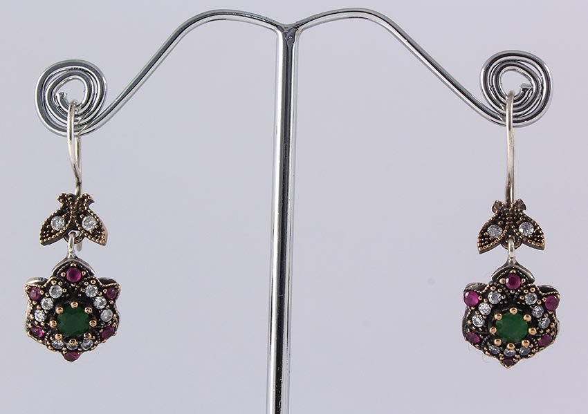 Natural Stone Antique Design Dangle Earring: Natural Stone Antique Design Dangle Earring **|**|** 8.18g Natural Stone Ruby & 4MM Emerald Beryl Antique Design Dangle Earring; stamp 925 ; MSRP: $100
