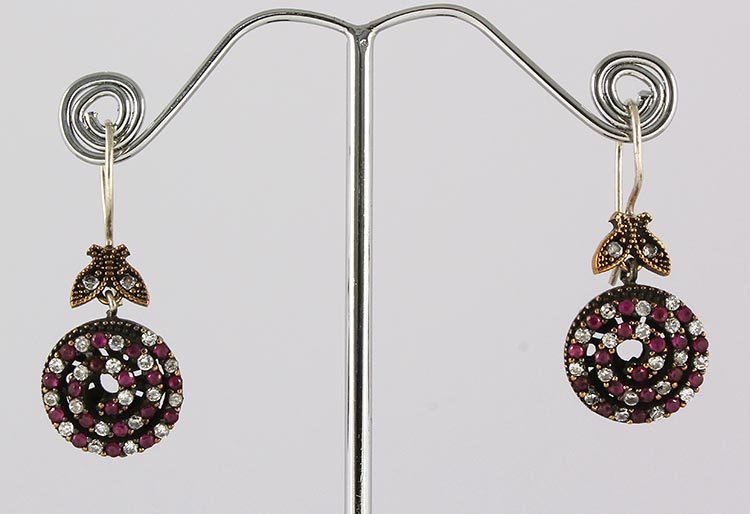 Natural Stone Antique Design Dangle Earring: Natural Stone Antique Design Dangle Earring **|**|** 8.40g Natural Stone Ruby Spiral Antique Design Hook Earring w/ cz diamonds; stamp 925 ; MSRP: $100