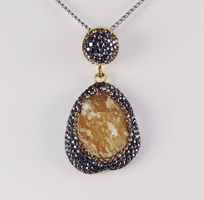Raw Champagne Druzy Pendant Victorian Design: Raw Champagne Druzy Pendant Victorian Design **|**|** 13.01g Champagne Quartz Druzy Drop Natural Stone Pendant in Victorian Design w/ CZ diamonds; 925 stamp gold plated ; MSRP: $100