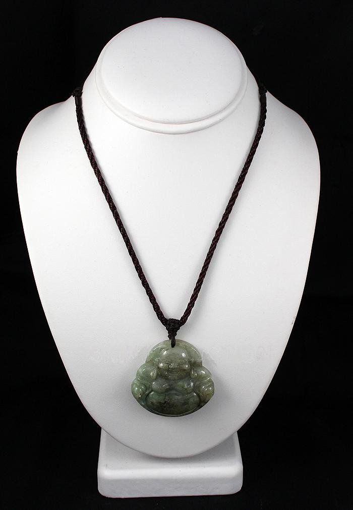 214.08ctw Buddhist Charm Jade Pendant Necklace: 214.08ctw Buddhist Charm Jade Pendant Necklace **|**|** Tibetan buddhist Amulet Natural Pea Green Jadeite Jade carved Laughing Buddha charm Necklace size: 48x47x8mm; w/ adjustable necklace cord ; MSRP