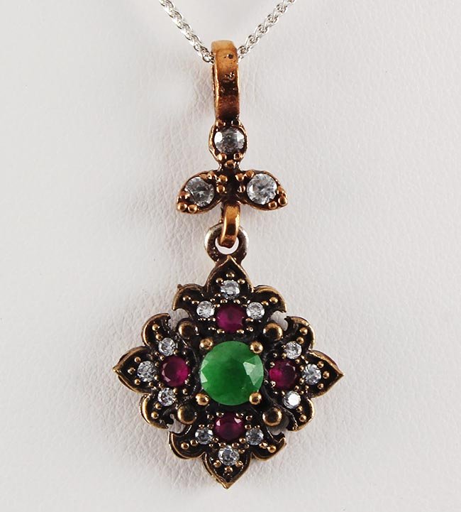 Natural Stone Vintage Victorian Design Pendant: Natural Stone Vintage Victorian Design Pendant **|**|** 4.32g Natural Stone 5MM Emerald Beryl& Ruby Victorian Design Pendant; stamp 925 ; MSRP: $0