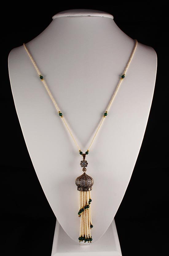 Sassy Classic Victorian Tassel Design Necklace: Sassy Classic Victorian Tassel Design Necklace **|**|** 37.56g Victorian Pearl Tassel Design Bronze Necklace with cz diamonds around ; MSRP: $100