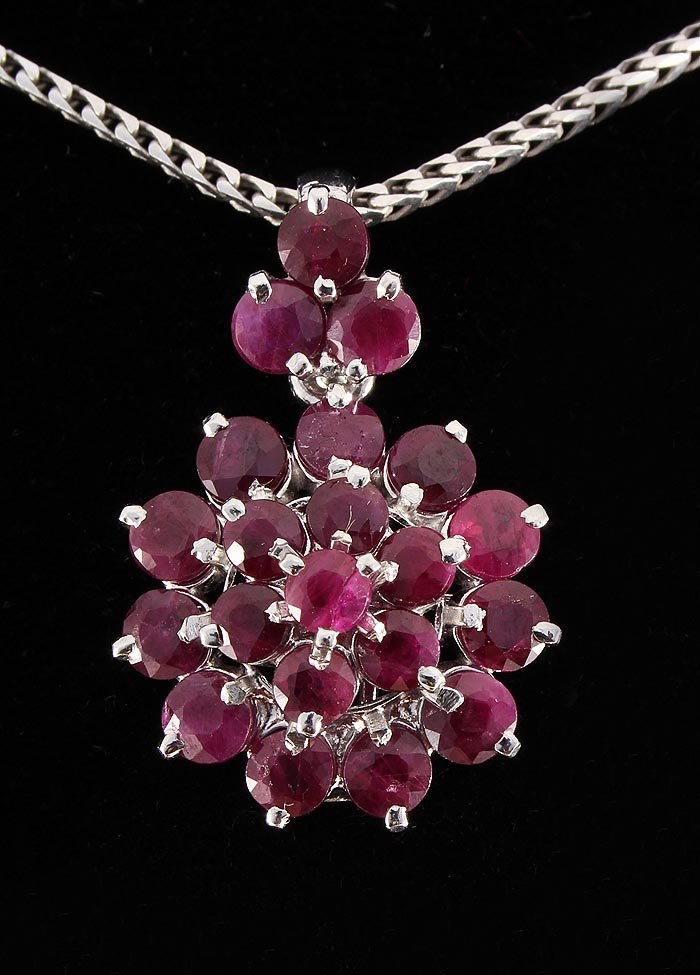 Flower Cluster 2.69g Sterling Silver Ruby Pendant 6.02c: Flower Cluster 2.69g Sterling Silver Ruby Pendant 6.02ctw **|**|** Natural Ruby Corrundum Gemstone 14pcs Round 3.75mm & 7pcs Round 3.5mm in Silver Pendant; Size: 1.11x0.74 inches ; MSRP: $500