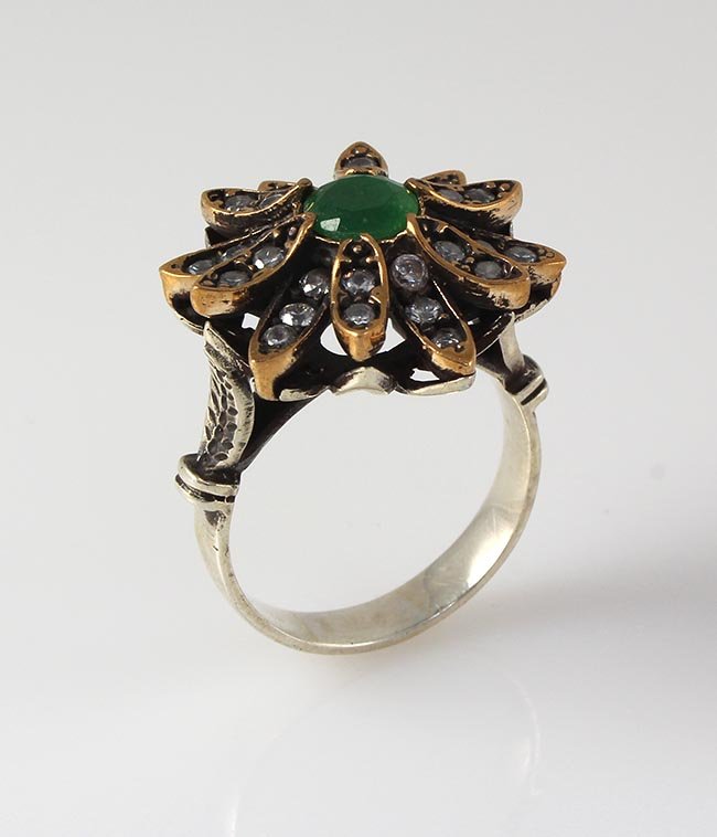 Natural Stone Statement Victorian Design Ring: Natural Stone Statement Victorian Design Ring **|**|** 7.71g Natural Stone 6MM Emerald Beryl Victorin Flower Design Ring w/ cz dia; stamp 925 ; MSRP: $100
