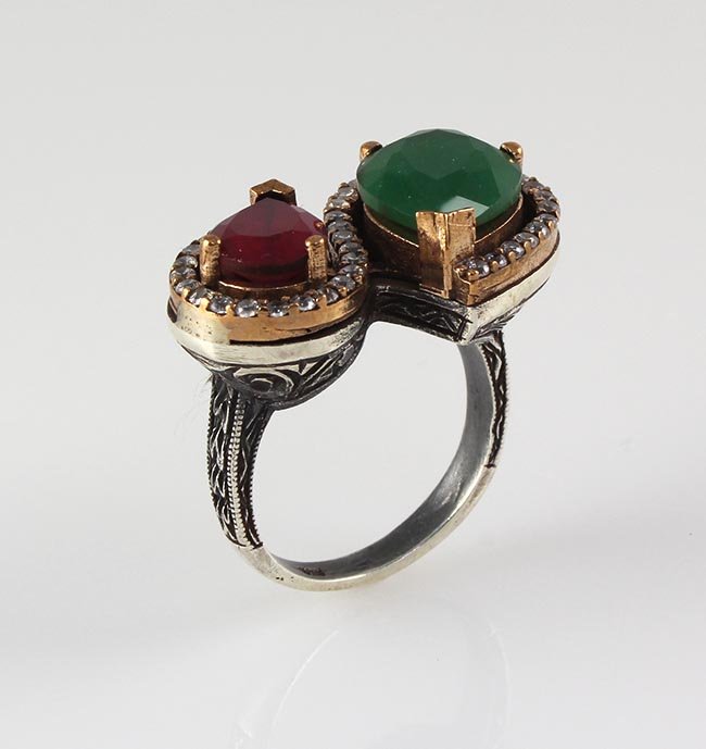 Natural Stone Statement Victorian Design Ring: Natural Stone Statement Victorian Design Ring **|**|** 9.95g Natural Stone 9x7MM Ruby & 12x10MM Emerald Beryl Victorian S Design Ring; stamp 925 ; MSRP: $100