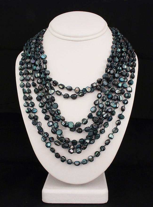 826.00CTW PRUSSIAN BLUE 8ROW MOTHER OF PEARL NECKLACE: 826.00CTW PRUSSIAN BLUE 8ROW MOTHER OF PEARL NECKLACE **|**|** 18 Inches Prussian Blue Dyed Color Beads Mother of Pearl Necklace with MOP Circle Clasp ; MSRP: $100