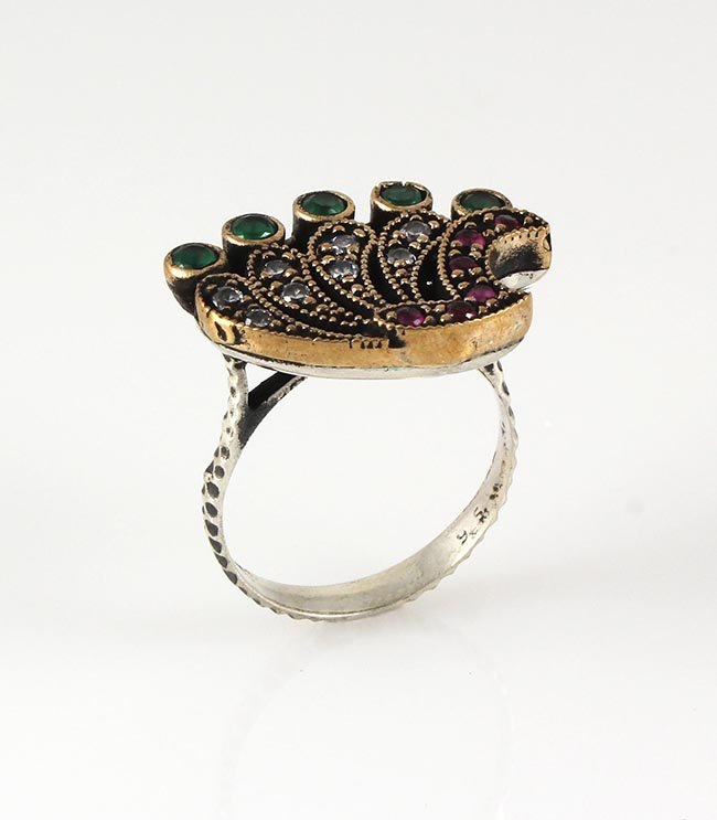 Natural Stone Statement Victorian Design Ring: Natural Stone Statement Victorian Design Ring **|**|** 5.19g Natural Stone Ruby and Emerald Beryl Victorian Design Ring w/ cz dia; stamp 925 ; MSRP: $0