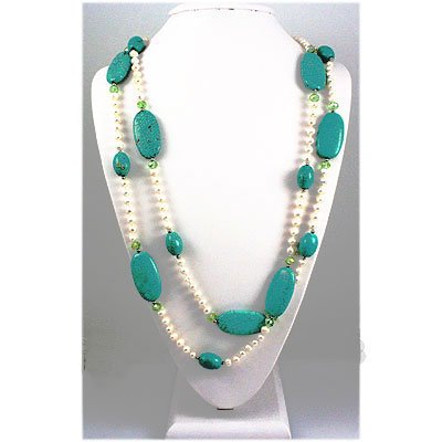 1025.50ct Pretty Turquiose and FreshWater Pearls Neckla: 1025.50ct Pretty Turquiose and FreshWater Pearls Necklace, 31in **|**|** 31" Fashionable Turquiose, Freshwater Pearls and Lemon Green Beads Necklace, Silk/Nylon thread ; MSRP: $100