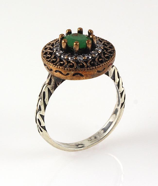 Natural Stone Statement Victorian Design Ring: Natural Stone Statement Victorian Design Ring **|**|** 5.04g Natural Stone 6MM Emerald Beryl Victorian Design Ring w/ cz diamonds; stamp 925 ; MSRP: $0