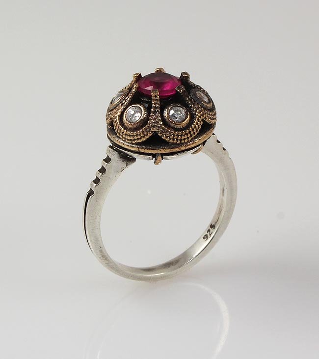 Natural Stone Statement Victorian Design Ring: Natural Stone Statement Victorian Design Ring **|**|** 5.27g Natural Stone 5.5MM Ruby Round Victorian Design Ring w/ cz dia; stamp 925 ; MSRP: $0