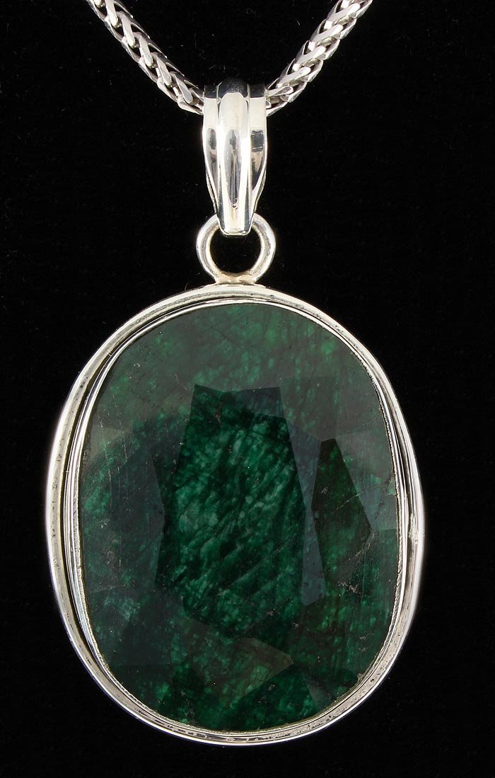 EMERALD BERYL 59.50CTW STERLING SILVER PENDANT: EMERALD BERYL 59.50CTW STERLING SILVER PENDANT **|**|** 27X22MM OVAL SHAPE EMERALD BERYL STERLING SILVER PENDANT ; MSRP: $700