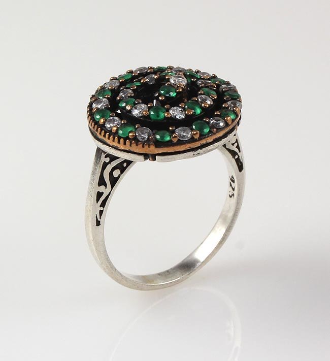 Natural Stone Statement Victorian Design Ring: Natural Stone Statement Victorian Design Ring **|**|** 4.80g Natural Stone Spiral Emerald Beryl Victorian Design Ring w/ cz diamonds; stamp 925 ; MSRP: $0