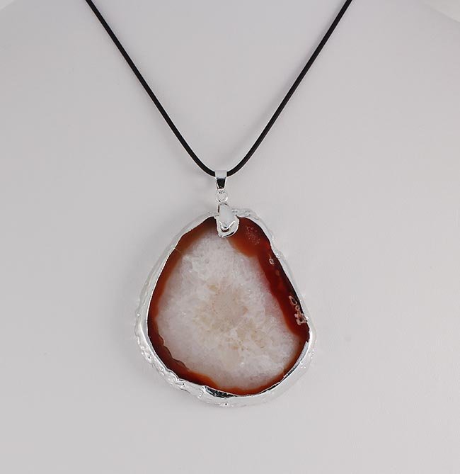 Organic Natural White Geode Agate Big Slice Pendant: Organic Natural White Geode Agate Big Slice Pendant **|**|** 163.00CARAT Natural Stone Pendant a White Tone and Half Carnelian Geode Agate Slice with Black Rubber Cord Necklace ; MSRP: $0