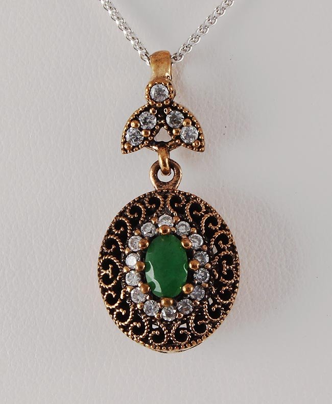 Natural Stone Vintage Victorian Design Pendant: Natural Stone Vintage Victorian Design Pendant **|**|** 3.30g Natural Stone 6x4MM Emerald Beryl Victorian Design Pendant w/ cz dia; stamp 925 ; MSRP: $0