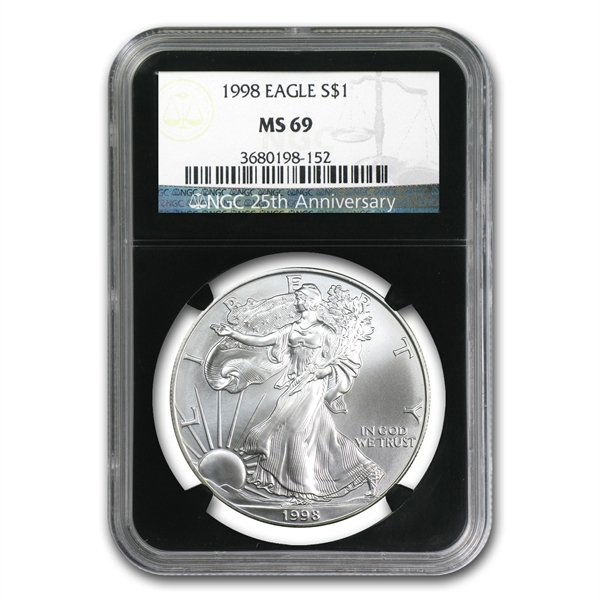 1998 Silver American Eagle (NGC MS-69) (Retro Black Ins: 1998 Silver American Eagle (NGC MS-69) (Retro Black Insert) **|**|** MSRP: $100