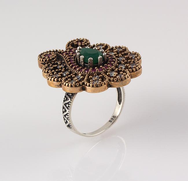 Natural Stone Cocktail Victorian Design Ring: Natural Stone Cocktail Victorian Design Ring **|**|** 10.16g Natural Stone Cocktail Ring Victorian Design w/ 8x6MM Emerald Beryl center; stamp 925 ; MSRP: $100