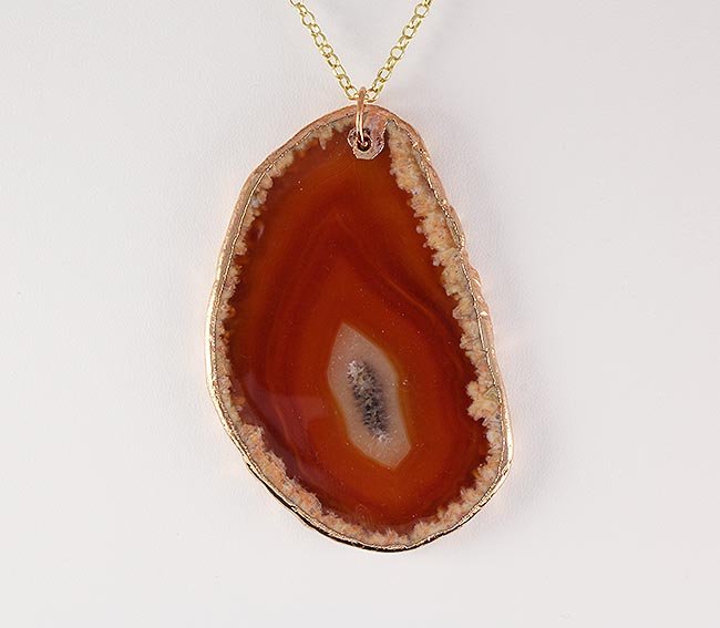Organic Natural Carnelian Geode Agate Big Slice Pendant: Organic Natural Carnelian Geode Agate Big Slice Pendant **|**|** 147.00CARAT Natural Stone Pendant a Carnelian and Half Transparent Geode Agate Slice with Black Rubber Cord Necklace ;