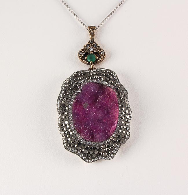 Raw Druzy Natural Stone Druse Victorian Look Pendant: Raw Druzy Natural Stone Druse Victorian Look Pendant **|**|** 19.61g Purple Pink Druzy Natural Stone in Victorian Design Pendant w/ CZ diamonds; 925 stamp ;