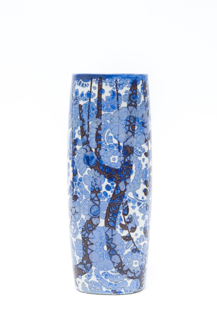 Johanne Gerber BACA Fajance Vase.: Johanne Gerber BACA Fajance compressed cylinder vase, for Royal Copenhagen. #780/3101. Blue flowering blossoms on brown branches. Maker’s mark on underside. Circa 1960’s. Height: 24 ¼ inches.