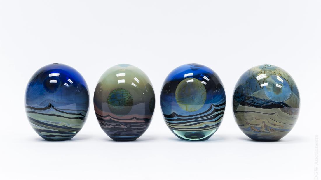 (4) John Lewis Moon Bottle Vases.: (4) John Lewis art glass moon bottle vases. Signed Lewis '71. (Approx. 5 1/4" tall).