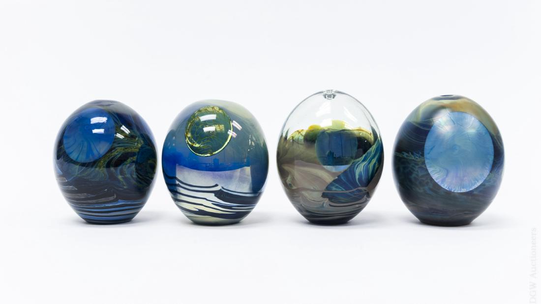 (4) John Lewis Moon Bottle Vases.: (4) John Lewis art glass moon bottle vases. Signed Lewis '71. (Approx. 4" to 4 1/4" tall).