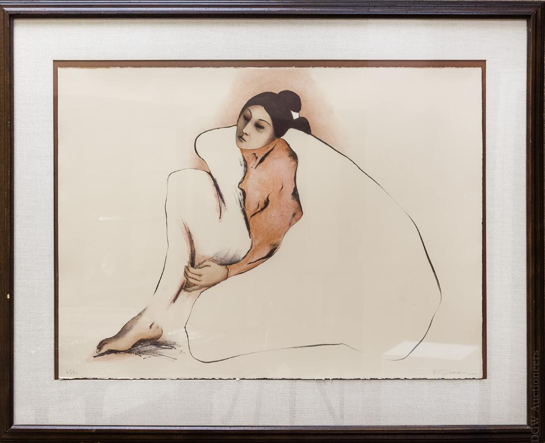 R.C. Gorman Lithograph, "Woman from Indian Wells".: R. C. Gorman lithograph, "Woman from Indian Wells", #63/70, signed R. C. Gorman 1977. Paper label verso from Garelick's Gallery. Framed, under glass. (Approx. 22 1/4" x 29 3/4", overall: 31 1/2" x 39"