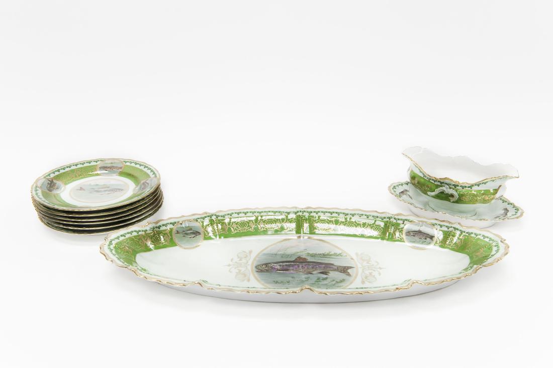 MZ Austria Porcelain Fish Set.: MZ Austria porcelain fish set. (Moritz Zdekauer). Fish platter, 6 plates and sauce bowl.