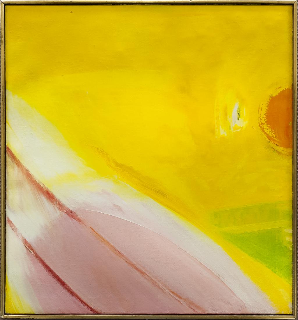William Ivey Abstract Oil on Canvas.: William Ivey (1919 - 1992), Oil on canvas, abstract, in yellow, orange, green and pink. Signed verso, Wm. Ivey 1969. (Approx. 30" x 28").