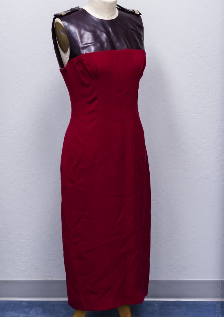 Burberry Prorsum Dress.: Burberry prorsum dress. Made in Italy. Windsor red silk dress with deep burgundy vinyl bodice and gold bar and button epaulettes. Size 44.