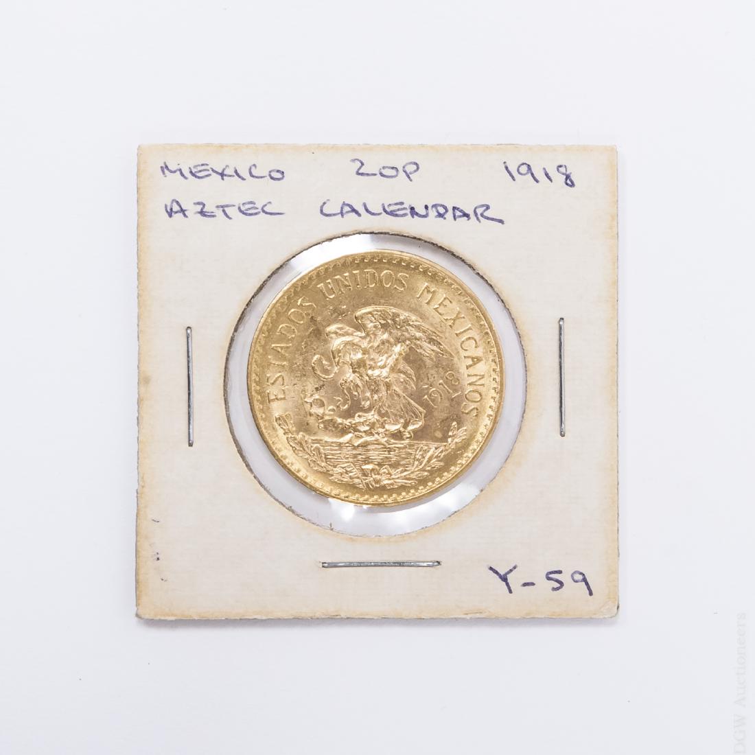 1918 Mexico 20 Peso Gold Coin.: 1918 Mexico 20 Peso Gold Coin. Aztec Calendar.
