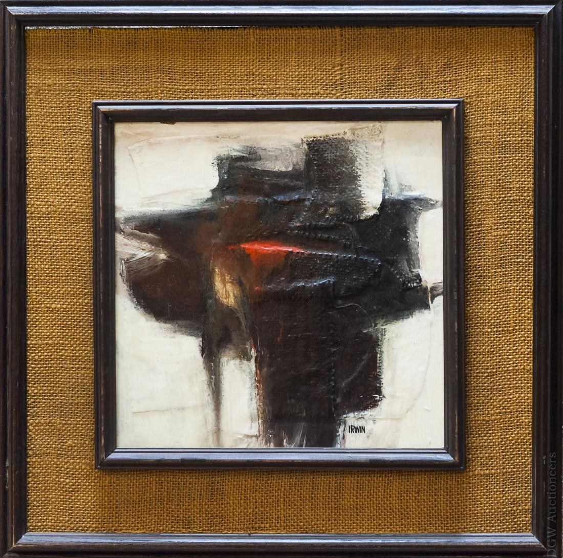 Attributed to Robert Irwin, Oil on Board.: Attributed to Robert Irwin, Oil on board, untitled abstract, signed lower right, Irwin. Framed. (Approx. 10" x 10", overall: 17" x 17").
