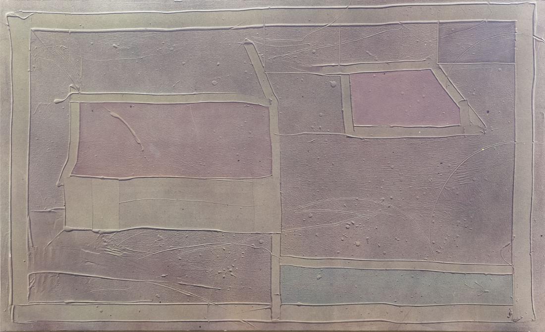 Wade Hoefer Acrylic and Latex Abstract.: Wade Hoefer acrylic and latex abstract painting in beige. Signed verso, Wade Hoefer, November 80, Alamo Studios. Untitled. (Approx. 61" x 99").