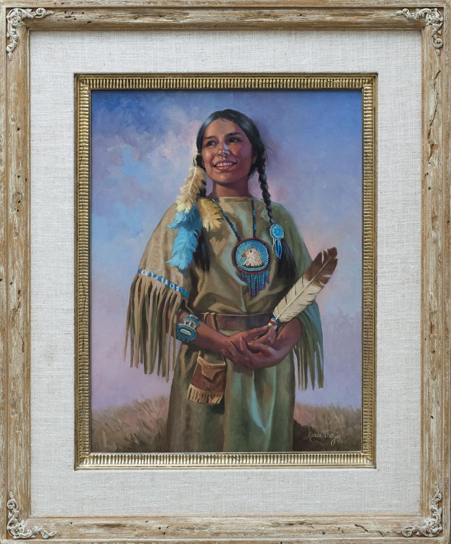 Karen Thayer Oil on Canvas, Evening Sun.: Karen Thayer oil on canvas, Evening Sun. Portrait of a Native American girl holding a feather. Signed. Artist's business card with the title "Evening Sun" affixed to the back. Framed. (24" x 18", over