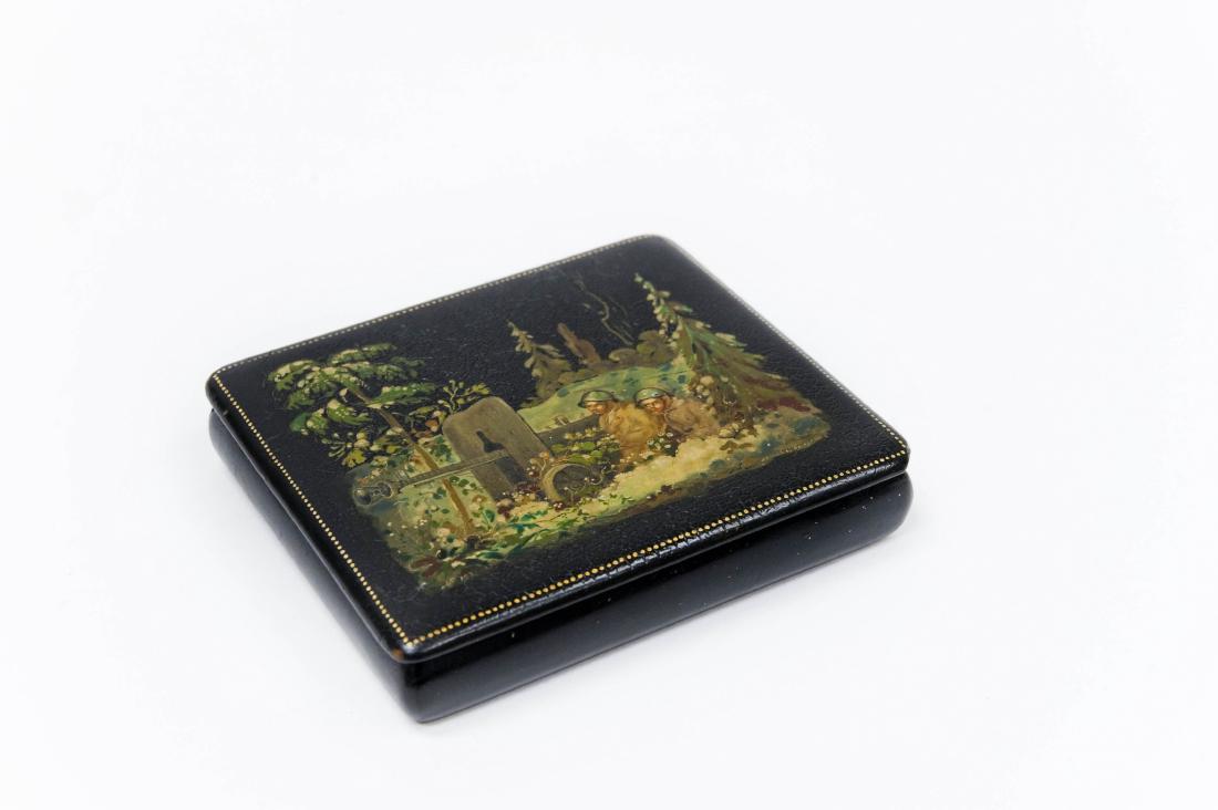 World War II Palekh Russian Lacquer Box.: World War II Palekh Russian lacquer box, Two soldiers in the woods with an artillery gun. Hinge lidded box. Signed, dated 1942. (Approx. 3 1/2" x 4" x 3/4").